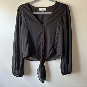 Wayf Black Sheer Western Rodeo Lace Trim Long Sleeve Tie Front Blouse Size S